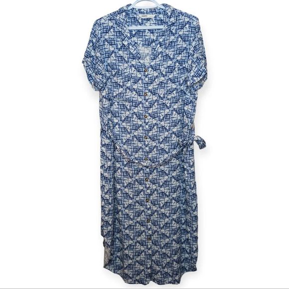 Sonoma Blue & White Button Front  Tie Waist Short Sleeve Dress Women Large - Picture 1 of 13